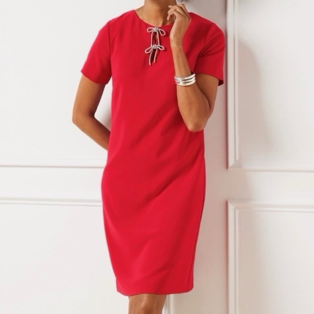 Talbots Red Rhinestone Bow Crepe Shift Dress Size 16 Party Holiday Cocktail